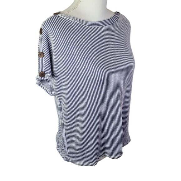 W5 Blouse Button Short Sleeve Striped Vertical Blue White Womens Medium - Picture 1 of 13